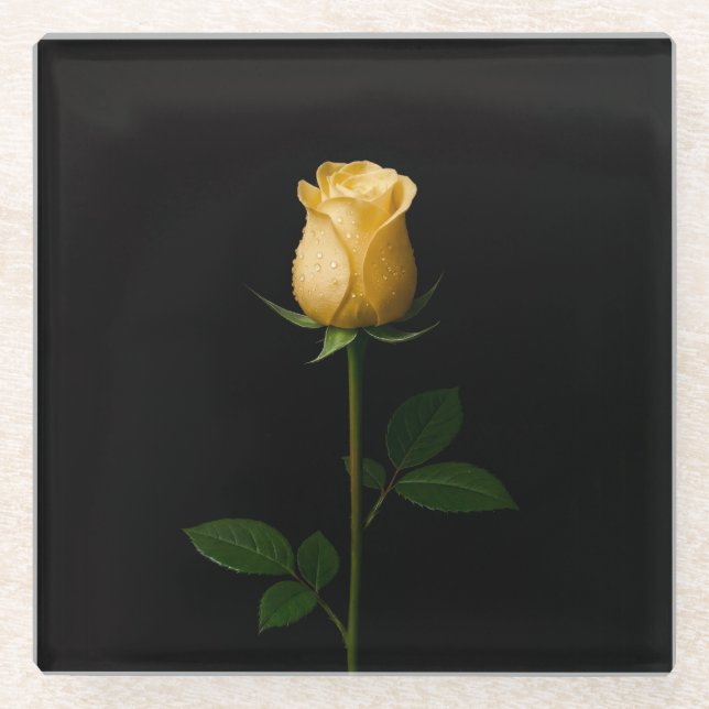 Black 4 Luxe Glass coaster, Sunlit Yellow Rose Coaster (Front)