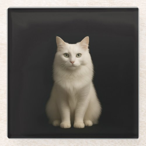 Black 4 Luxe Glass coaster, Turkish Angora Cat Coaster