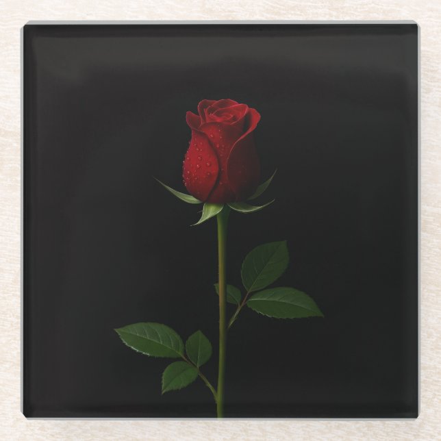 Black 4 Luxe Glass coaster, Velvet Red Rose Coaster (Front)