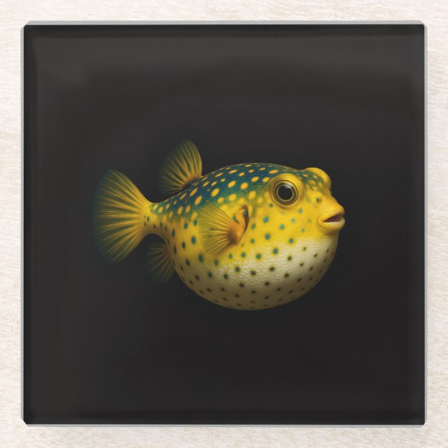 Black 4 Luxe Glass coaster, Yellow Pufferfish Coaster (Front)