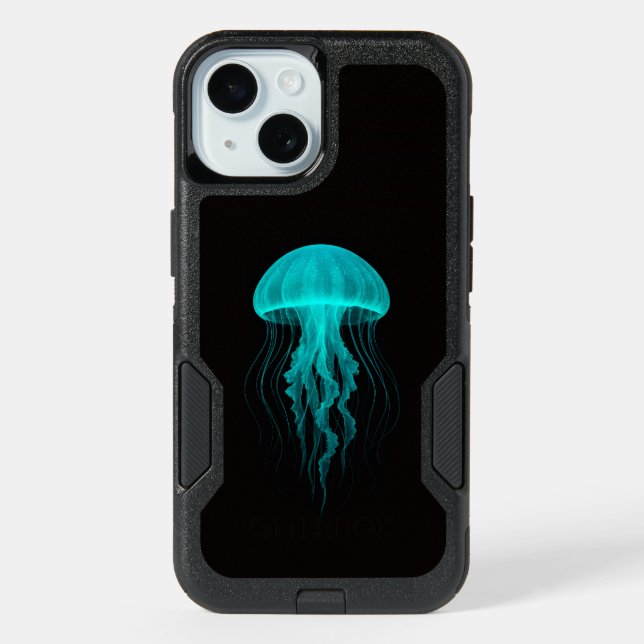 Black 4 Luxe iPhone 15 Case, Green Jellyfish Case (Back)