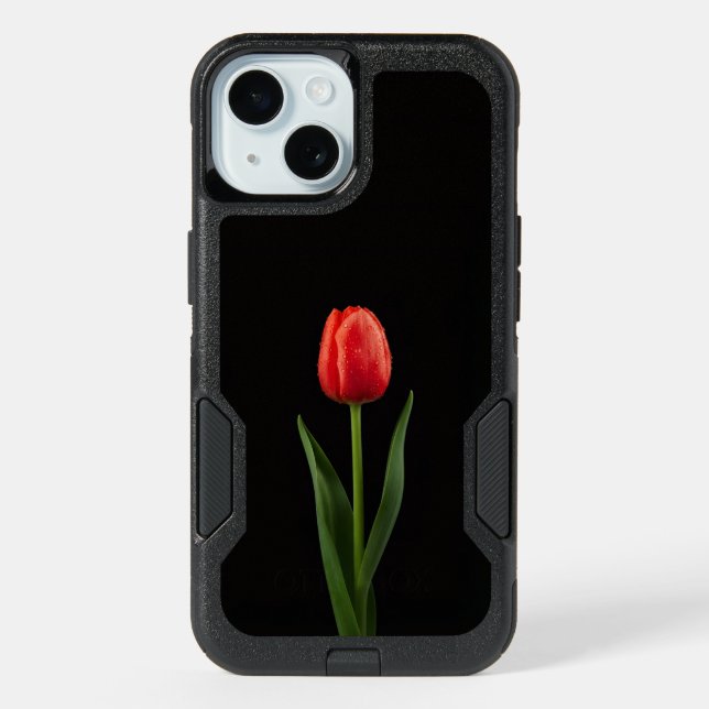 Black 4 Luxe iPhone 15 Case, Ruby Red Tulip (Back)