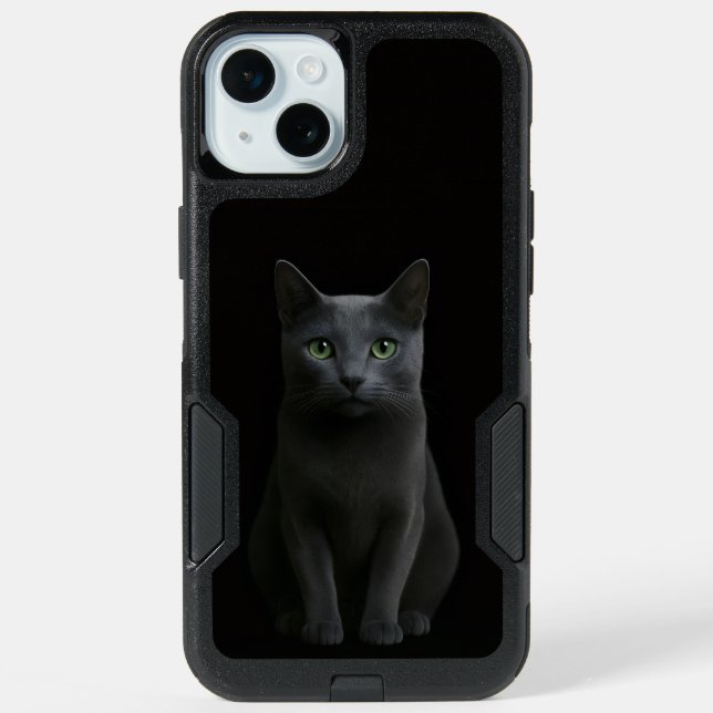 Black 4 Luxe iPhone 15 Plus Case, Russian Blue Cat (Back)