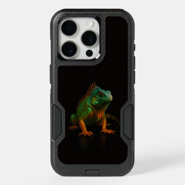 Black 4 Luxe iPhone 15 Pro Case, Green Iguana (Back)