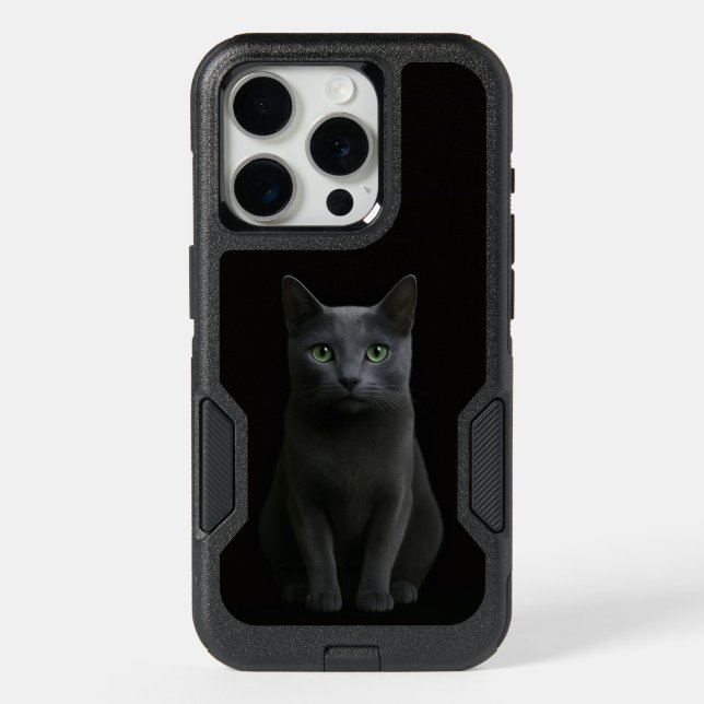 Black 4 Luxe iPhone 15 Pro Case, Russian Blue Cat (Back)