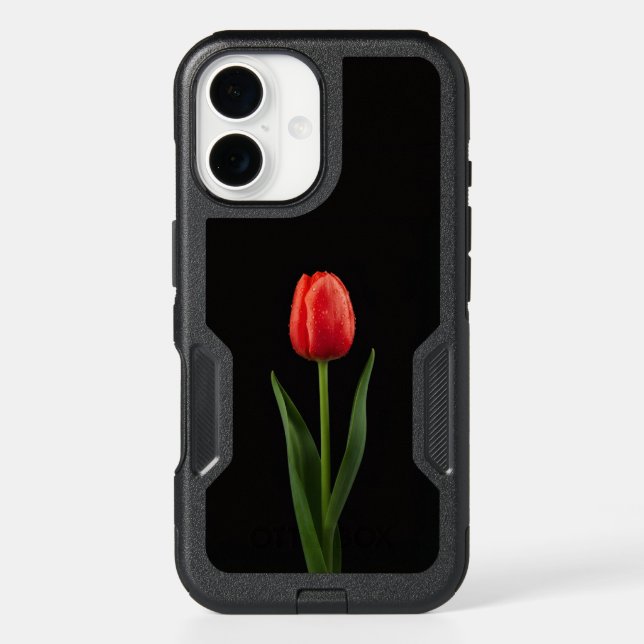 Black 4 Luxe iPhone 16 Case, Ruby Red Tulip Case (Back)