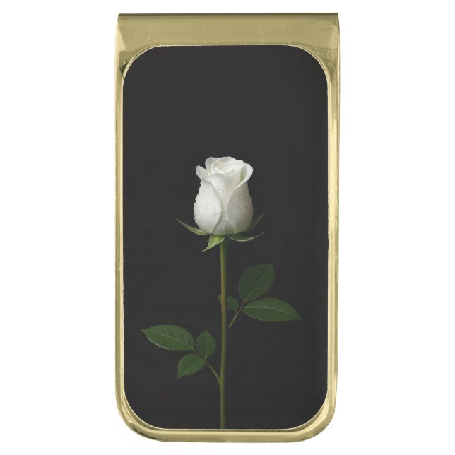 Black 4 Luxe Money Clip with Pure White Rose (Front Vertical)