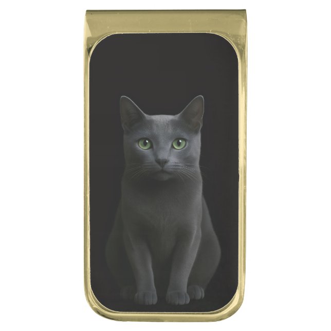 Black 4 Luxe Money Clip with Russian Blue Cat (Front Vertical)