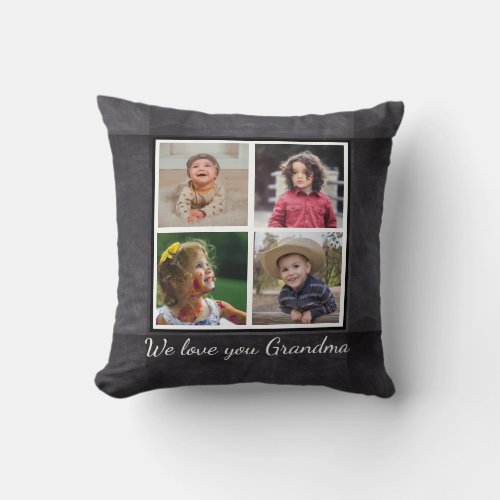 Black 4 Photo Collage Grandma Chalkboard Throw Pillow