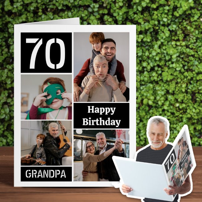 Black 4 Photo Collage Happy Birthday Grandpa Big Card (Creator Uploaded)