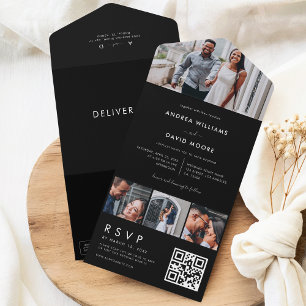 Black 4 Photo Collage QR Code Wedding All In One Invitation