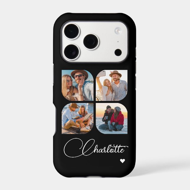Black 4 Photo Collage Script Name Heart Case-Mate iPhone Case (Back)