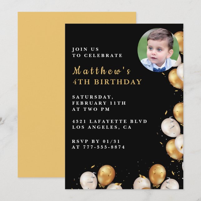 Black 4th birthday invitation Gold Balloon Photo  (Front/Back)
