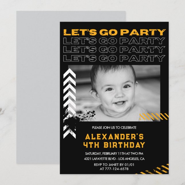 Black 4th birthday invitations Boy Photo Spray (Front/Back)