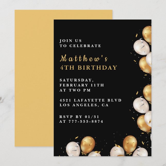 Black 4th birthday invitations Gold Balloon Boy (Front/Back)