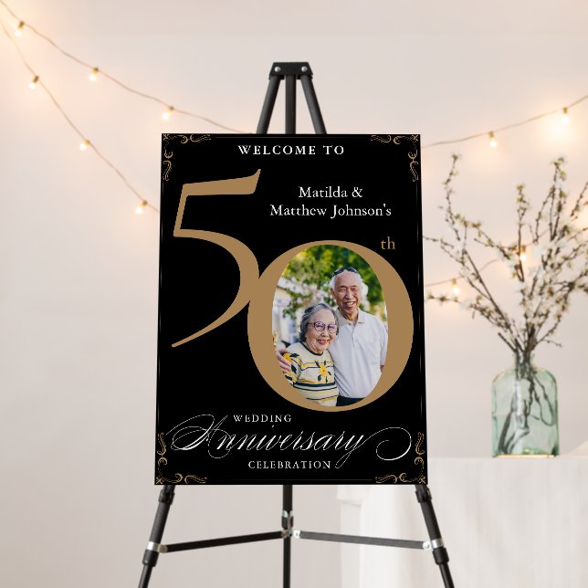 Black 50th Anniversary Gold Photo Welcome Sign (In Situ (Stand))