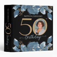 Black 50th Birthday Blue Gold Floral Custom Photo