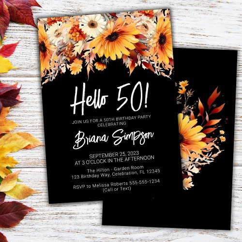 Black 50th Birthday Fall Floral Invitation