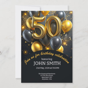 Black 50th birthday golden balloons glittering invitation