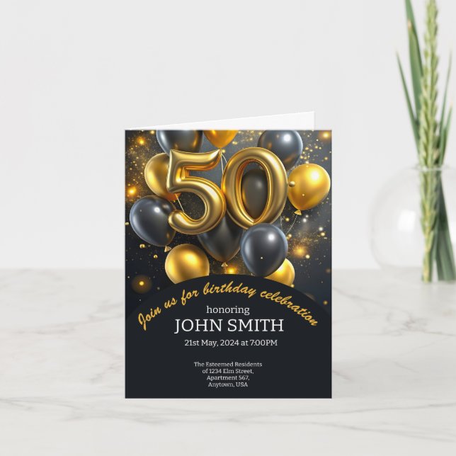 Black 50th birthday golden balloons glittering  invitation (Front)