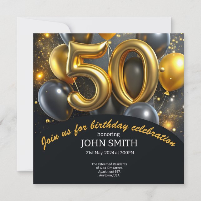 Black 50th birthday golden balloons glittering  invitation (Front)