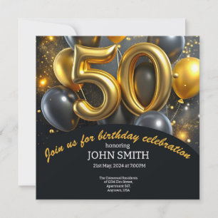 Black 50th birthday golden balloons glittering invitation