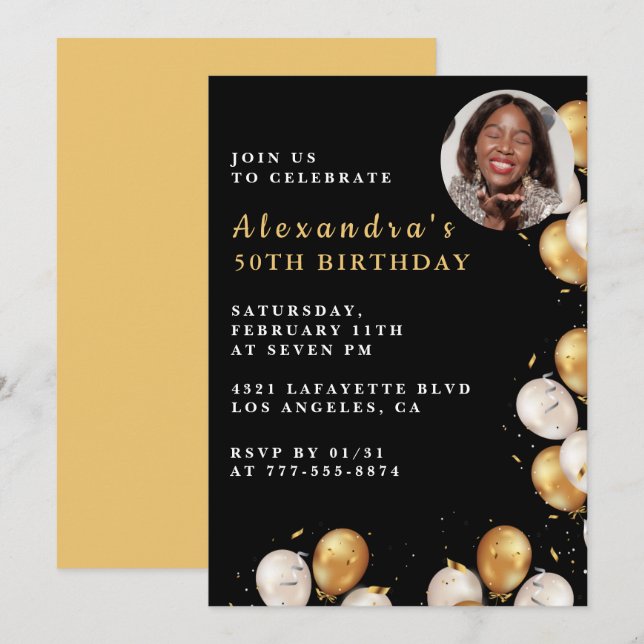 Black 50th birthday invitation Gold Balloon Photo  (Front/Back)