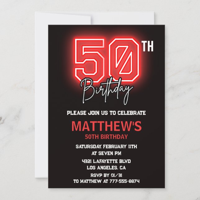 Black 50th birthday invitations Men Neon (Front)
