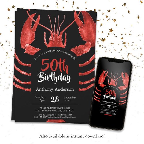 Black 50th Birthday Lobster Seafood Summer Custom Invitation