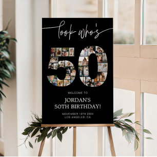 Black 50th Birthday Photo Collage Welcome Sign