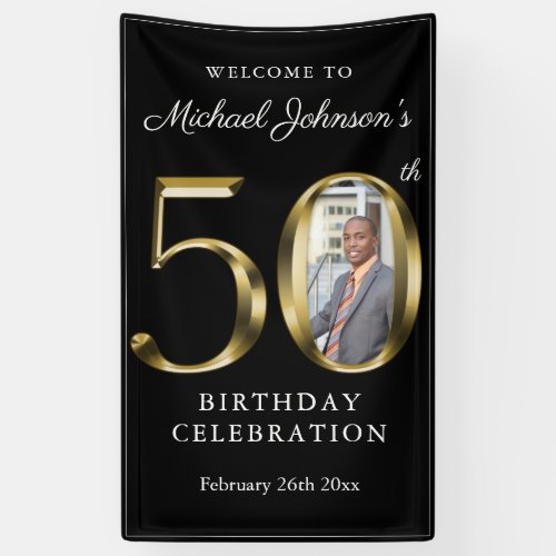 Black 50th Birthday Solid Gold Typography Photo Banner