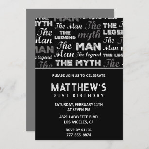 Black 51st birthday invitation for him Myth Legend