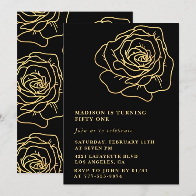 Black 51st birthday invitations Gold Floral (Front/Back)