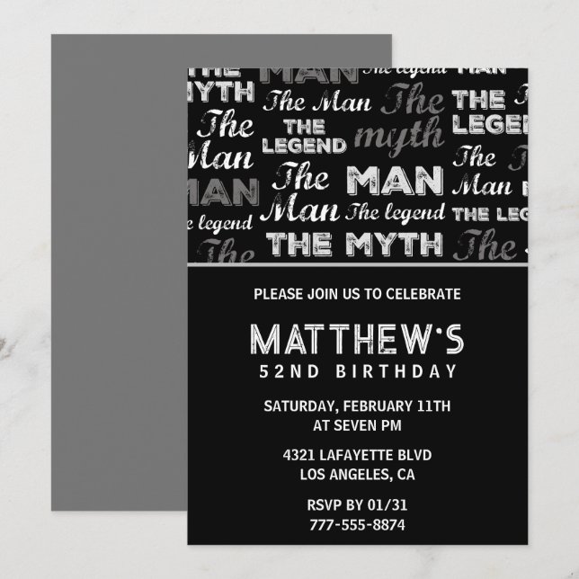 Black 52nd birthday invitation for him Myth Legend (Front/Back)