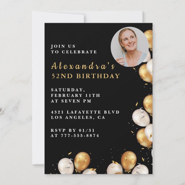 Black 52nd birthday invitation Gold Balloon Photo  (Front)
