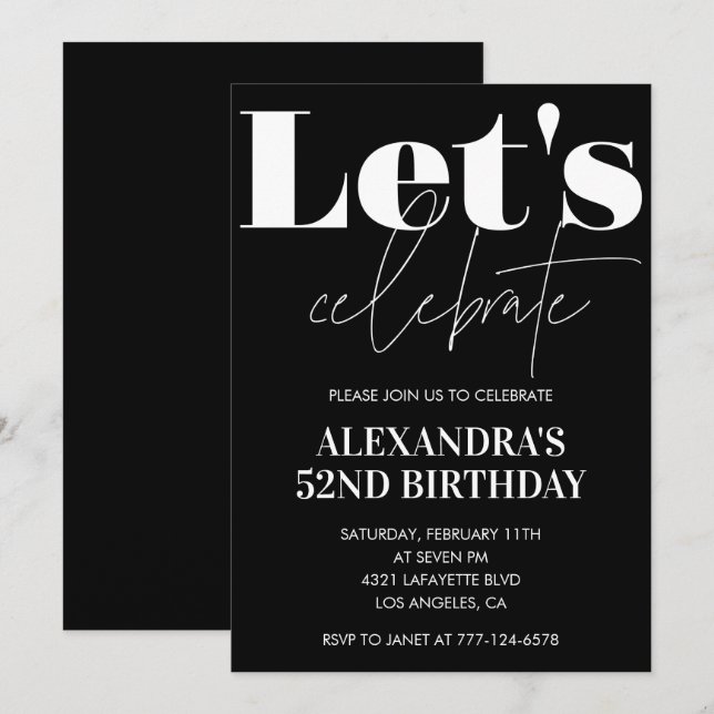 Black 52nd birthday invitations Bold Typography  (Front/Back)