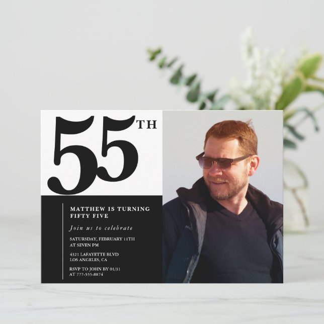 Black 55th birthday invitations Elegant Chic (Standing Front)