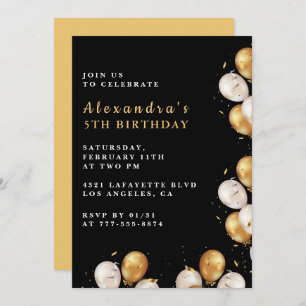 Black 5th birthday invitations Gold Balloon 