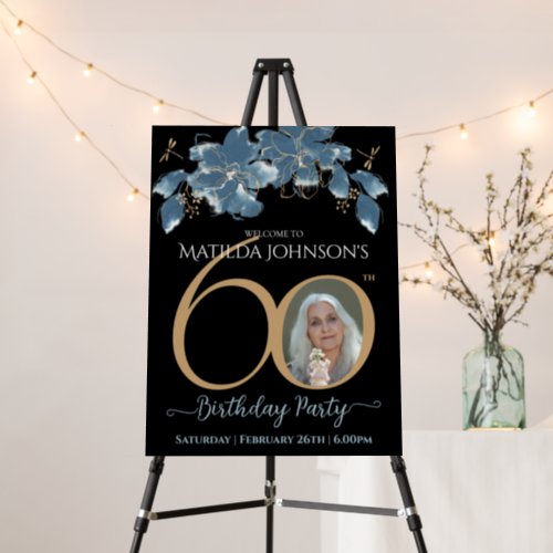 Black 60th Birthday Blue Floral Gold Photo Welcome Foam Board