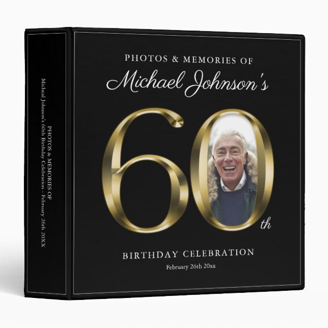 Black 60th Birthday Elegant Gold Text Custom Photo 3 Ring Binder (Front/Spine)
