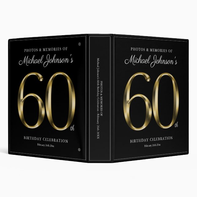 Black 60th Birthday Elegant Solid Gold Text Custom 3 Ring Binder (Background)