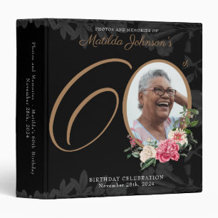 Black 60th Birthday Gold Chic Floral Custom Photo 3 Ring Binder