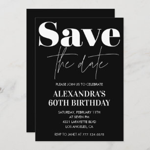 Black 60th birthday invitation Save the date White
