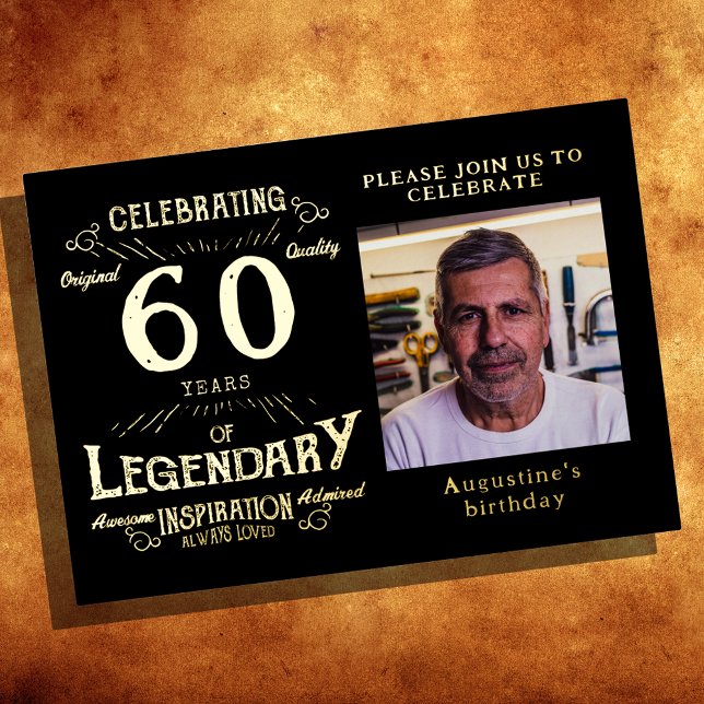 Black 60th Birthday Vintage Gold Foil Invitation (Creator Uploaded)