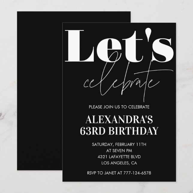 Black 63rd birthday invitations Bold Typography  (Front/Back)