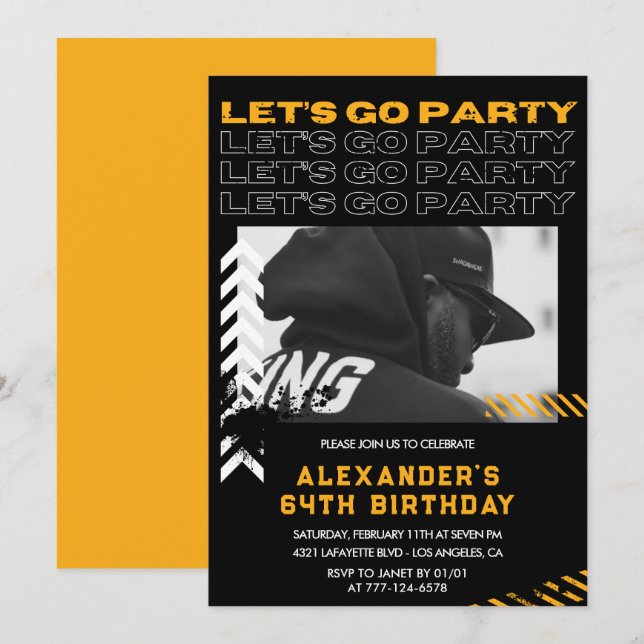 Black 64th birthday invitations Men Photo Spray (Front/Back)