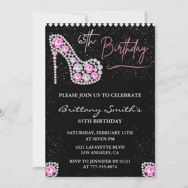 Black 65th birthday invitation Glitter Glam Pink (Front)