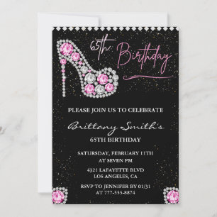 Black 65th birthday invitation Glitter Glam Pink