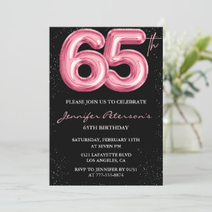 Black 65th birthday invitations Balloon Glam Pink