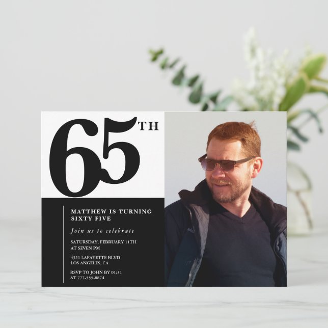 Black 65th birthday invitations Elegant Chic (Standing Front)